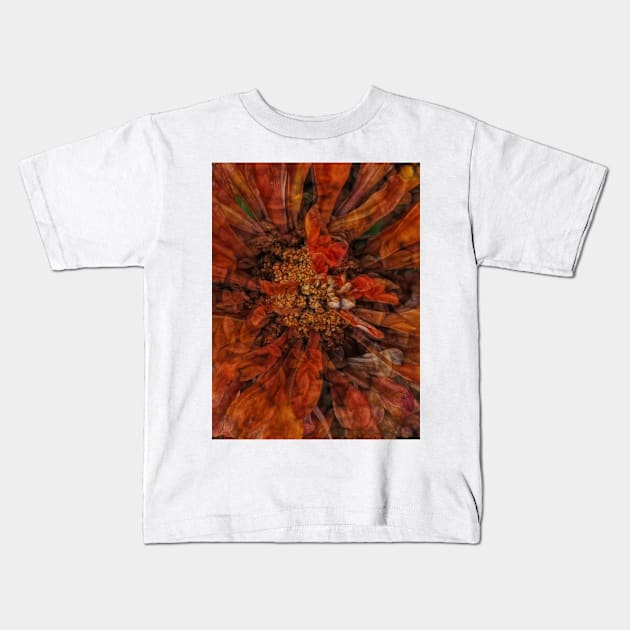 zinnia flower bloom in orange and gold coloured Kids T-Shirt by mister-john